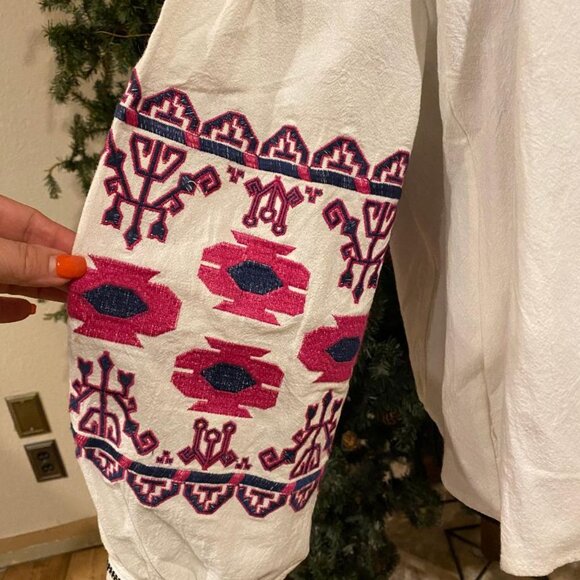 BBWM Woman White Embroidered Boho Peasant Lined Double Tie Front Jacket Size M - Picture 4 of 6